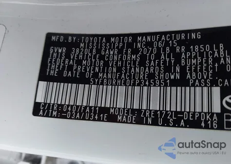 2015 Toyota Corolla L из США, поврежденный, VIN 5YFBURHE0FP345951